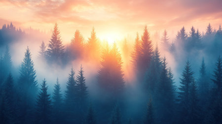 A stunning sunrise lights up a misty forest of tall evergreens, creating a serene mood.の素材