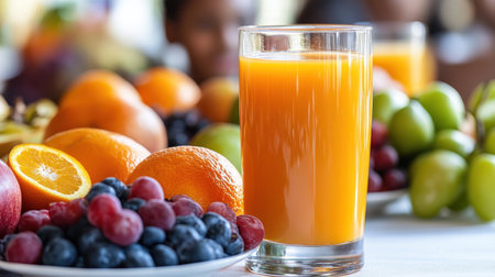 A glass of orange juice sits among vibrant fruits like apples, grapes, and berries, evoking freshness.の素材