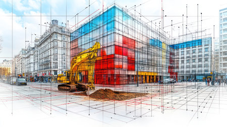 Heavy machinery digs into the ground at a construction site surrounded by colorful buildings in an urban area.の素材