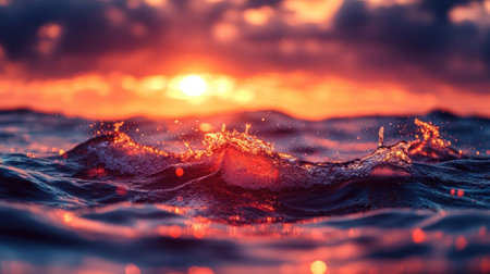 Waves ripple gently as the sun sets, painting the sky with hues of orange and purple.の素材
