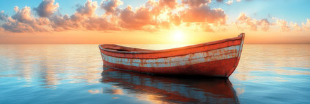 A small wooden boat drifts on tranquil water as the sun rises, casting warm light across the horizon.の素材