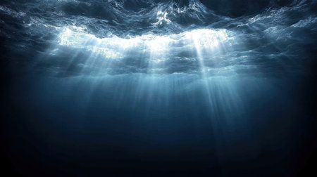 Sunlight pierces the ocean, casting tranquil tones in the deep blue waters below.の素材