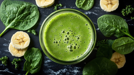 A vibrant green smoothie sits in a jar, surrounded by banana slices and fresh spinach leaves.の素材