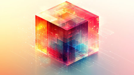 Abstract cube with vivid colors and layered design elements creates a glowing visual effect and dynamic depth.の素材