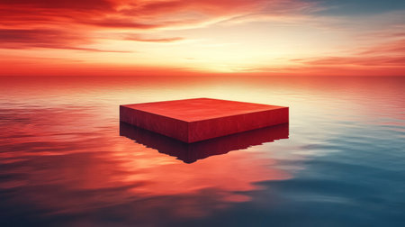 A striking red square floats on still water as the sun sets, creating a colorful, tranquil view.の素材