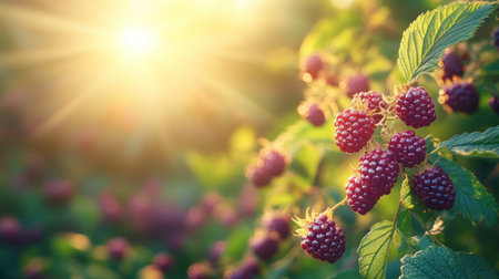 Plump blackberries hang from green branches, basking in warm sunlight on a summer day.の素材