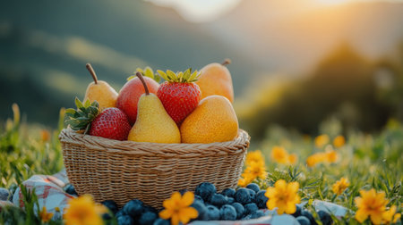 A woven basket filled with assorted fruits sits on a checkered blanket in a lush, flower filled field.の素材
