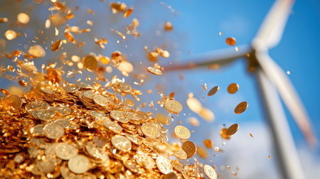 Coins scatter around in the air as a wind turbine stands prominently against a sunny background.の素材