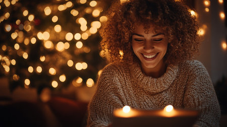 A woman smiles warmly while enjoying candlelight and festive decorations during the holiday season.の素材