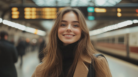 A young woman stands confidently in the train station, smiling as commuters rush by.の素材