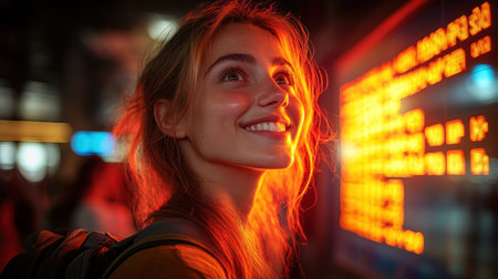 A young woman stands under a vibrant digital display, smiling with joy amidst the urban nightlife.の素材