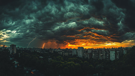 A vibrant sunset casts orange hues over a city skyline amidst looming storm clouds and flashes of lightning.の素材