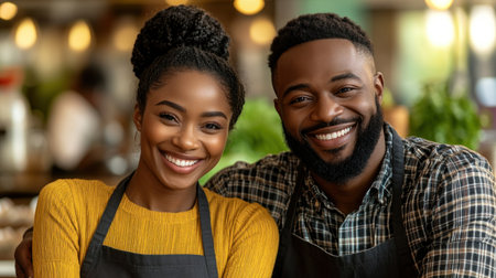 Happy couple stands together in a cafe, showcasing their joy and connection in a lively setting.の素材