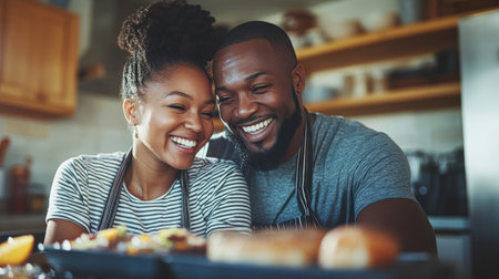 A couple enjoys preparing food in a bright kitchen, sharing laughter and showing their culinary skills.の素材