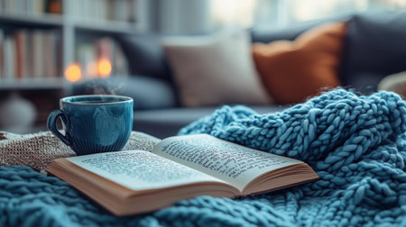A cup sits next to an open book on a knitted blanket in a comfortable living room setting.の素材