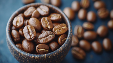 Brown coffee beans fill a rustic wooden bowl, with more beans scattered around on a dark surface.の素材