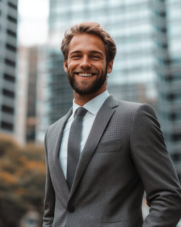 Handsome man in formal attire stands outdoors with a smile near urban skyscrapers.の素材