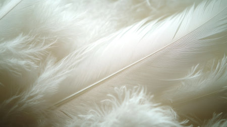 Delicate white feathers lay side by side, their soft textures catching the light in a calming display.の素材