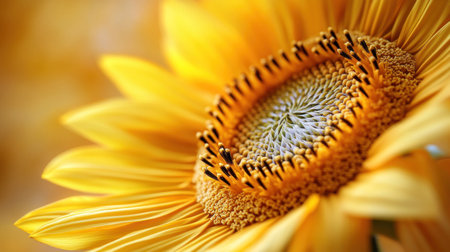 Close up of a sunflower displaying bright yellow petals and detailed center under soft sunlight.の素材