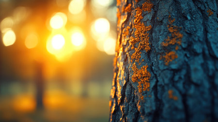 Golden sunlight illuminates tree bark adorned with vivid lichen in a serene forest during sunset.の素材