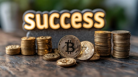 Stacked bitcoin coins next to a glowing success sign on a rustic wooden surface suggest financial achievement.の素材