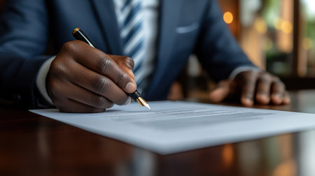 Business professional writes on a document with a fountain pen in a contemporary office environment.の素材