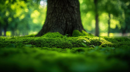 Soft green moss covers the ground around a sturdy tree, creating a tranquil natural environment.の素材
