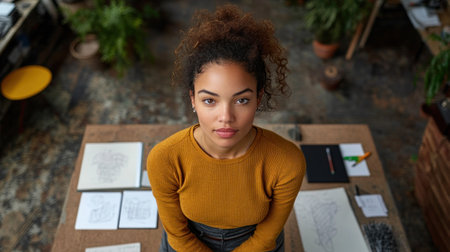 Confident young woman poses at her creative workspace with sketches and supplies on display.の素材