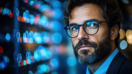 Professional observes digital data on a screen while pondering analytics in a modern workspace.の素材