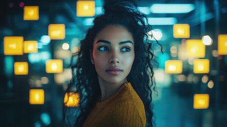 Woman with curly hair gazes thoughtfully in a vibrant, illuminated urban space at night.の素材