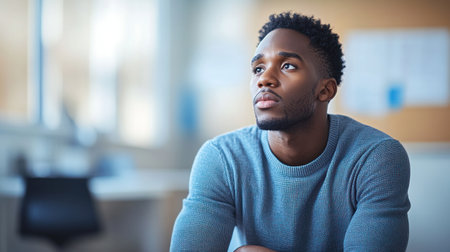 A young man looks thoughtfully into the distance in a well lit office environment.の素材