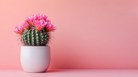 Bright pink flowers bloom atop a cactus in a sleek white pot set against a soft pink backdrop.の素材
