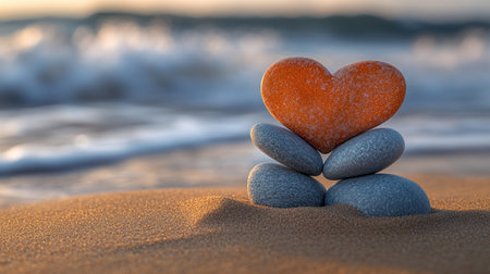 Stacked pebbles with a heart shaped stone on a beach creating a peaceful and romantic atmosphere.の素材