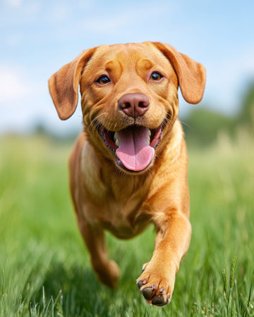 A playful dog runs with excitement across a lush green field under a bright blue sky.の素材