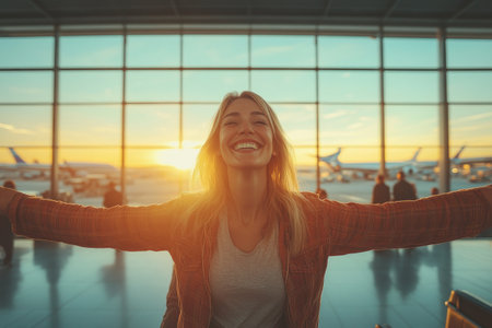 Smiling traveler embraces the sunset at an airport, excited for upcoming adventures and journeys.の素材