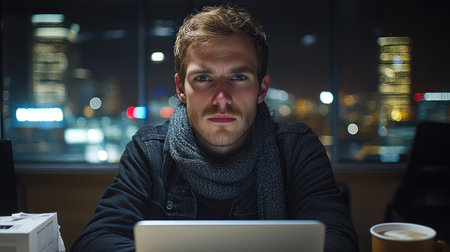 Young man with a serious expression works on a laptop in an urban office at night with city lights visible.の素材