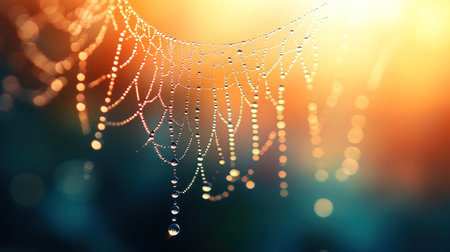 Early morning light illuminates a delicate spider web covered in water droplets, creating a colorful backdrop.の素材