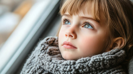 A child with light brown hair looking out a window, deep in thought while wearing a warm scarf.の素材