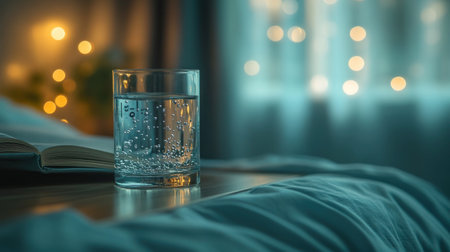 Soft lights illuminate a glass of water placed on a bedside table beside a book.の素材