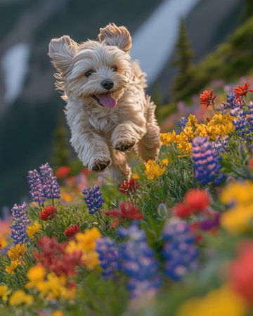 A small dog leaps excitedly amidst colorful wildflowers with mountains in the background.の素材