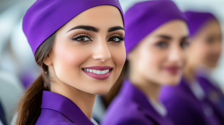 Flight attendants wearing purple uniforms smile and engage with passengers in a busy airport terminal.の素材