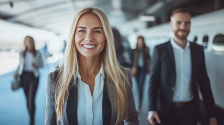 A group of business people confidently walking through an airport, radiating positivity and readiness for their journey.の素材