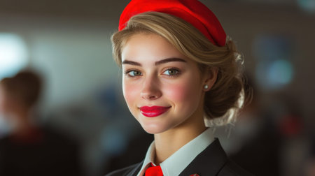 A young flight attendant in a sleek uniform offers a friendly smile to travelers in a bustling airport terminal.の素材