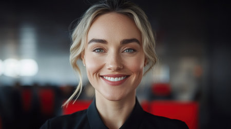 A joyful young woman smiles warmly while standing in a contemporary office environment.の素材
