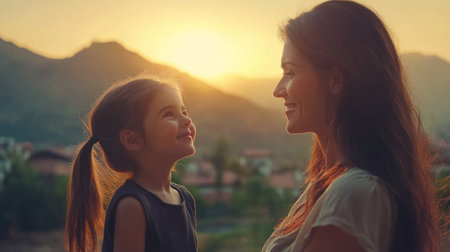 A mother gazes lovingly at her smiling daughter during a beautiful sunset in a tranquil mountain backdrop.の素材