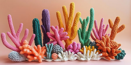 A creative assembly of coral shapes and colors provides a striking visual against a pastel backdrop.の素材