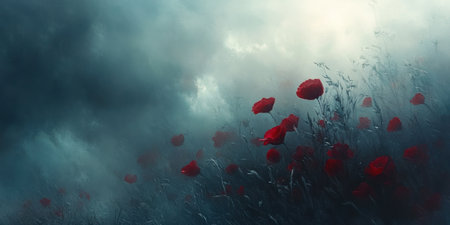 Red poppies bloom brightly in a misty field as storm clouds gather above during early morning hours.の素材