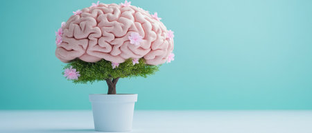 A unique artistic representation of a brain growing on a tree with pink flowers, set against a light turquoise backdrop.の素材
