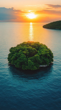 The sun sets behind an island, casting golden reflections on the calm water and glowing greenery.の素材