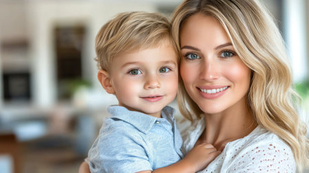 A woman joyfully embraces her son in a bright living room, creating a moment of affection and connection.の素材